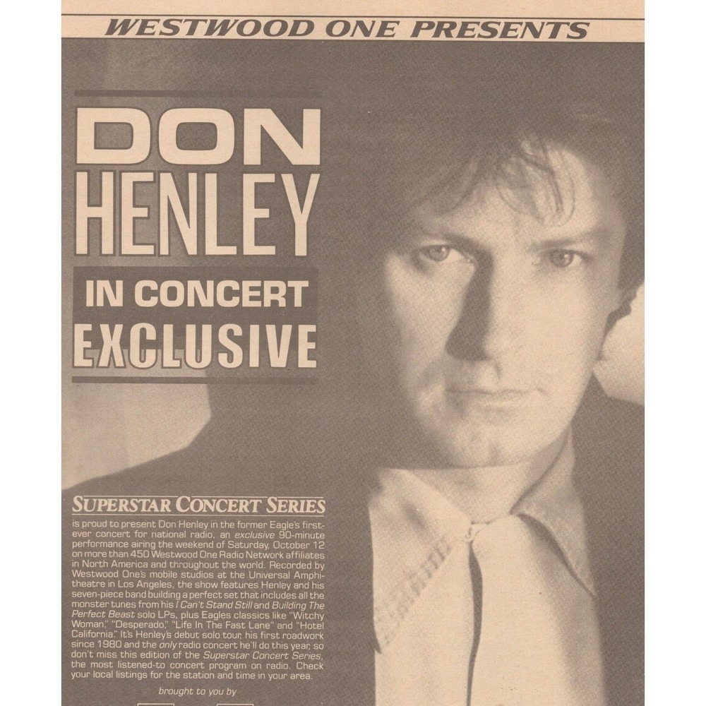 Vintage 1985 Don Henley Print Ad Concert Exclusive Westwood One Concert Series